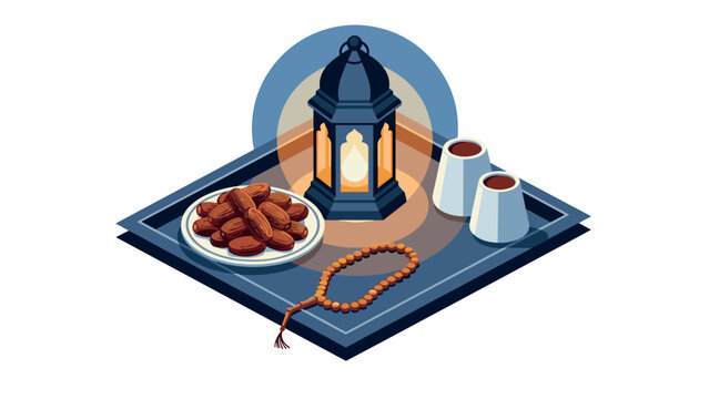 Isometric ramadan decor with lantern, dates, and prayer beads on tray
