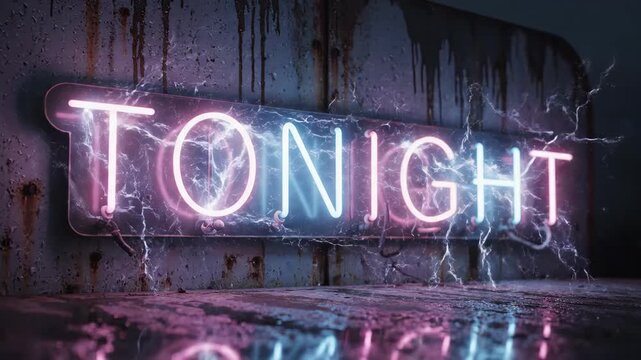 Retro neon sign spelling TONIGHT flashes with electric energy against rusty wall