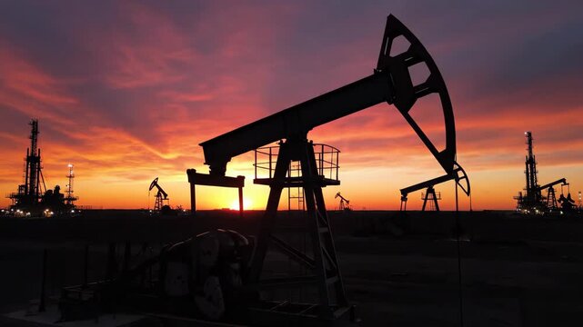 Silhouette oil pump jacks and refinery towers against a vibrant sunset sky