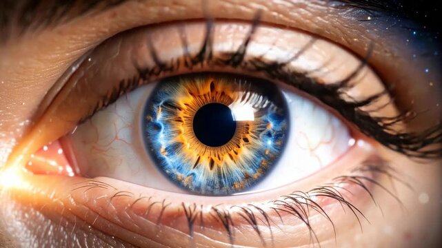 Extreme close-up of a human eye with a vibrant, intricate iris showing blue and gold patterns and a glowing light reflection in the corner.