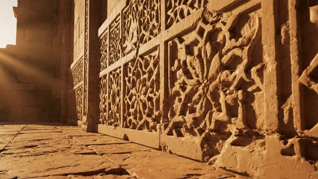 Dramatic Golden Light on Intricate Stone Carvings of Ancient Islamic Architecture, Low Angle Tracking Shot Along Historical Wall Details
