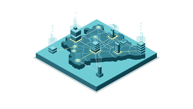 Isometric smart city concept with connected buildings and network on a digital map