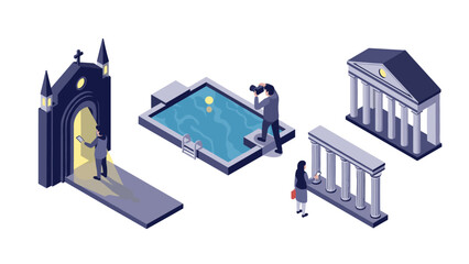 Isometric urban exploration: diverse city architecture and activities in modern style