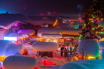 The China Snow Town, one of the most emblematic snow related touristic attractions in China, located in Xuexiang National Forest Park, Hailin, Heilongjiang © Somkiat