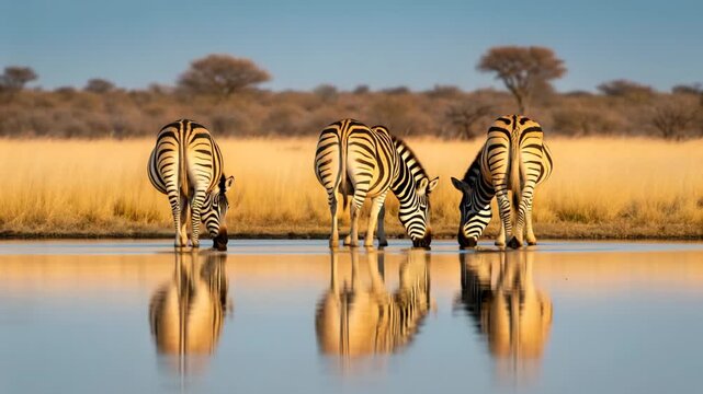 Zebras Drinking Water Reflections Savannah Cinematic Motion Stock Media
