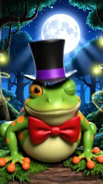 Magical frog wearing top hat ponders in enchanted forest at night