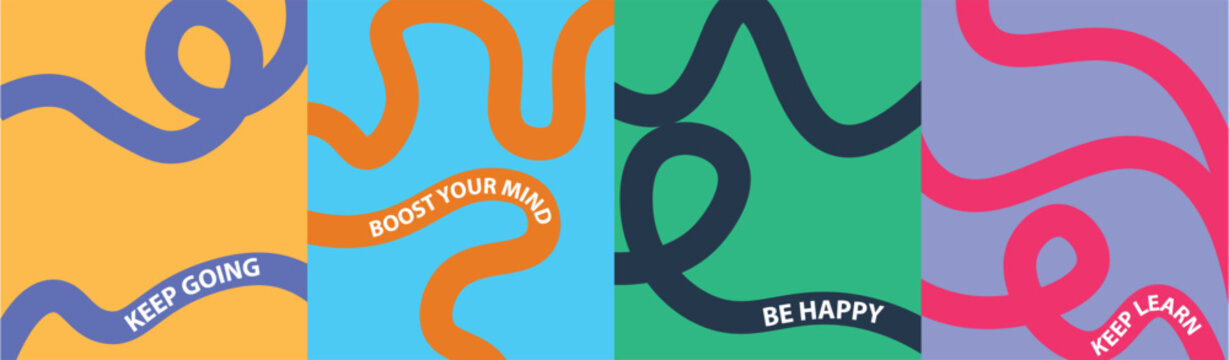 Dynamic abstract graphic design featuring four distinct panels with vibrant wavy lines and motivational phrases symbolizing personal growth mental well being and continuous progress through abstract
