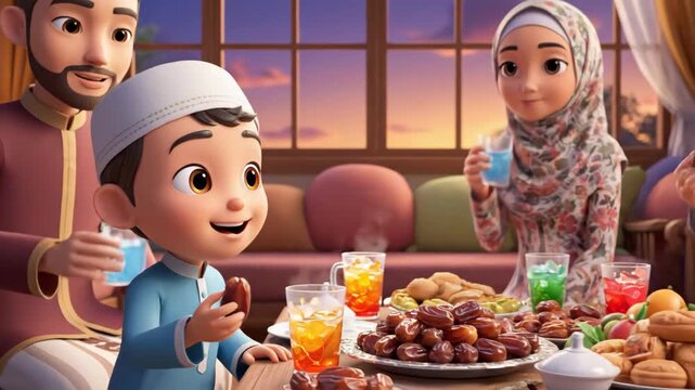 3D Animation of a Happy Muslim Family Breaking Fast (Iftar/Buka Puasa) with Dates and Traditional Food During Ramadan at Sunset