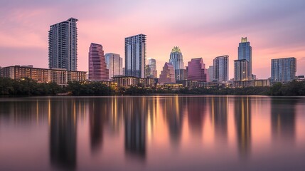 Fototapeta premium austin. Austin cityscape at dusk, featuring warm golden hour lighting and a modern urban silhouette. real-estate listings.