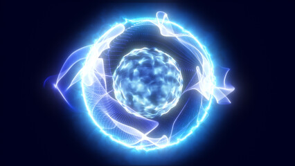 Fototapeta premium Bright blue energy sphere surrounded by flowing luminous ribbons of particles creating a powerful electric aura