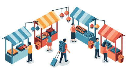 Isometric market scene with stalls and visitors in vibrant colors