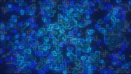 Obraz premium Abstract blue digital circuit-style pattern of glowing squares and dots, symbolizing data networks and advanced technology