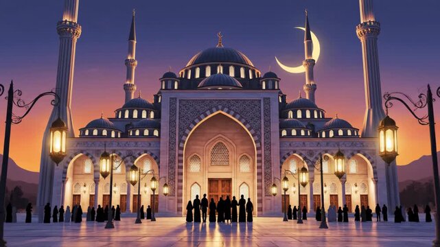 Majestic Mosque at Twilight with Crescent Moon and Silhouetted People Gathering for Prayer (Adhan/Takbir Heard)
