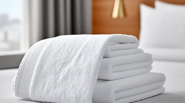 Stack of white hotel towels folded.