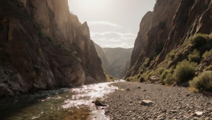 Rocky canyon riverbed, sunlight