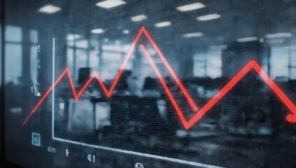 A red downward trending graph on a screen, blurred office background