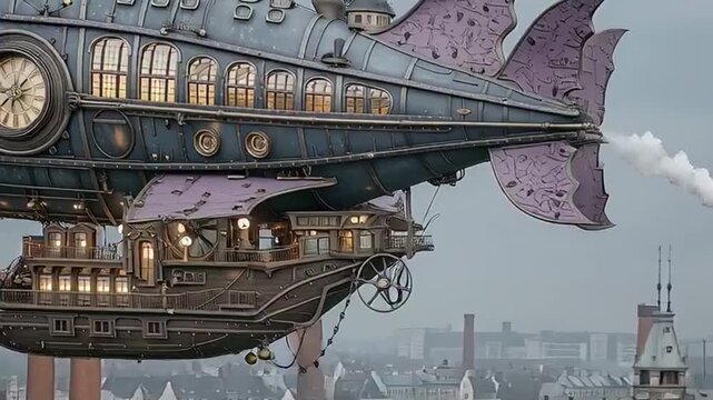 Steampunk Airship Flying Over Cityscape Fantasy Scene.