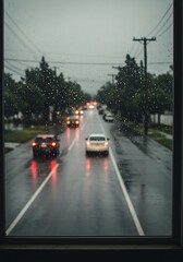 雨の日の街路、車の流れ