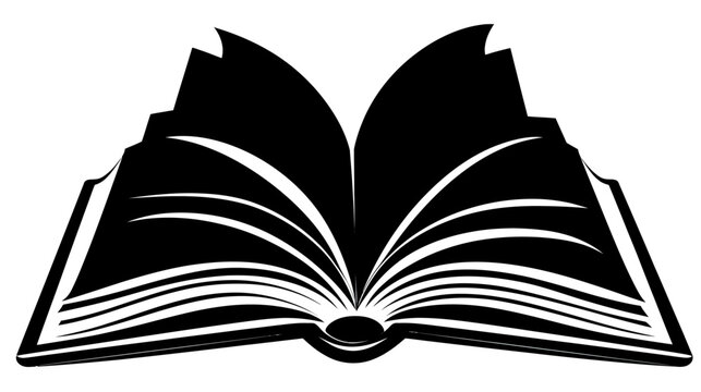A stylized black and white illustration of an open book with visible pages and spine