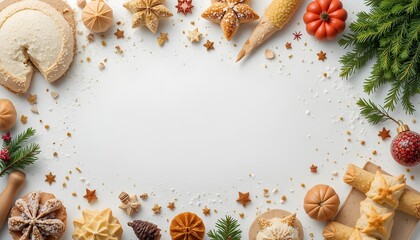 Christmas food baking background top view on clean white tabletop surface.