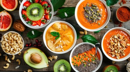 Colorful Assortment of Smoothie Bowls and Fresh Fruits on Wooden Table