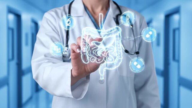 Female Doctor Touches Virtual Display of Digestive System Health Diagnostics and Healthcare Digital Interface in