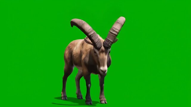 A majestic ibex standing on a green screen, viewed from the front with its large horns prominent.