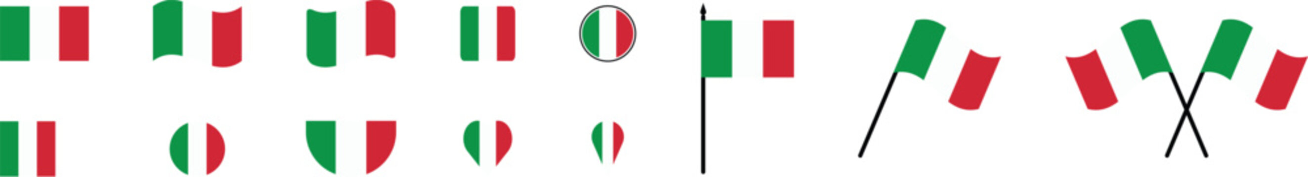 Italy Flag Icon Set Diverse Collection of Italian Symbols including Hearts, Circles, and Flagpoles.