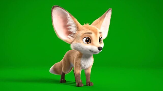 A cartoon fennec fox stands on a green screen, showcasing its large ears and cute facial expression from a front viewpoint.