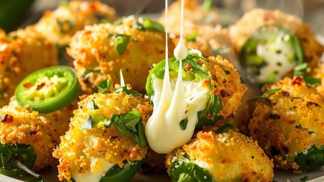 Delicious homemade jalapeno poppers with melted cheese and crispy breading, ready to eat.