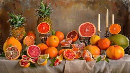 Colorful Citrus Fruit Still Life with Pineapples Oranges Grapefruits and Candles