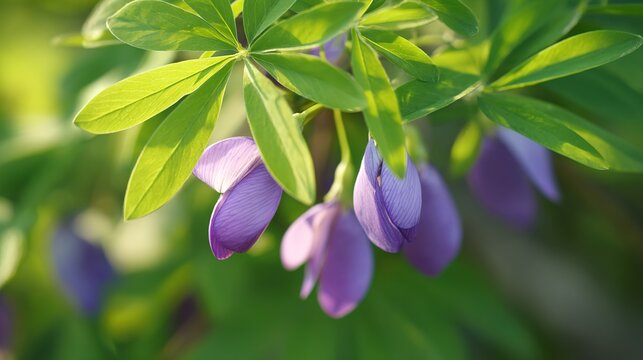 pinnate. Close-up of licorice plant with pinnate leaves and purple flowers. gardening catalogs, home-decor guides, designed for gardening and botanical catalogs, used by photographers.