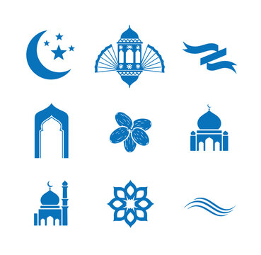 blue islamic ramadan eid al fitr al azhar mosque icons with crescent moon and stars