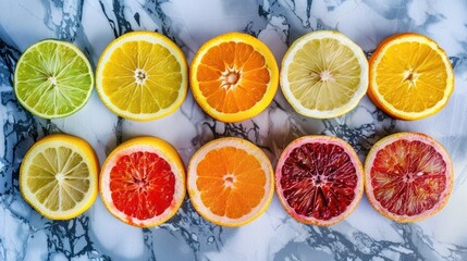 Colorful Citrus Slices on Marble Surface with Bright Natural Lighting