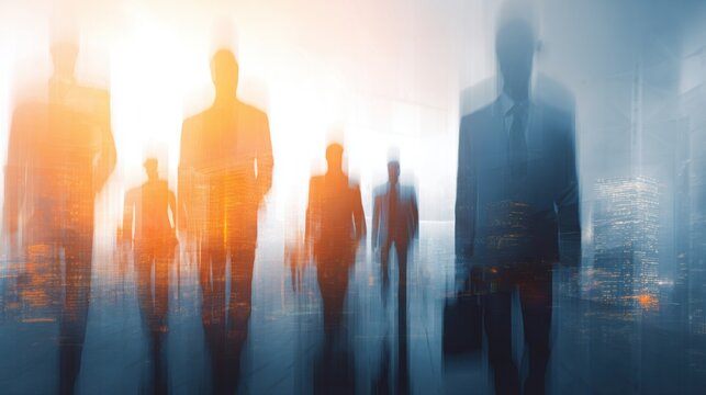 Blurred silhouettes of business people walking in urban setting.