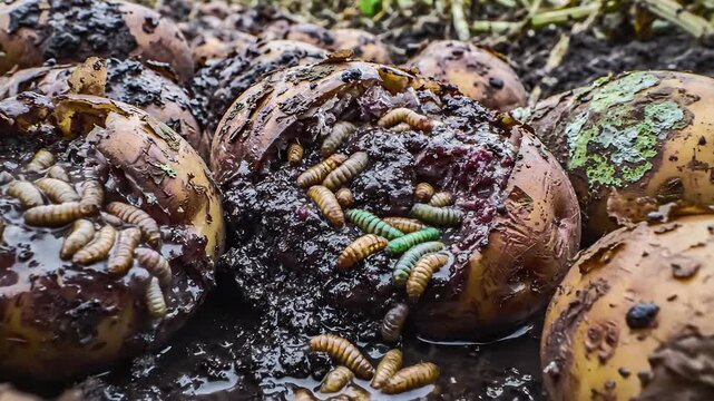 Rotten Potatoes Infested with Maggots and Larvae in Dark Soil