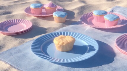 Colorful Cupcakes on Pink and Blue Plates at Beach with Sand and Cloth