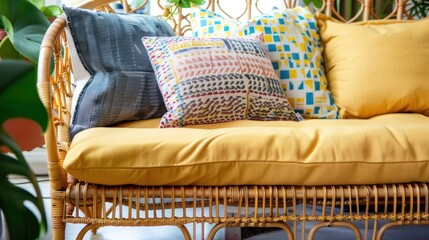 Colorful Cushions on Rattan Sofa with Yellow Cushion and Green Plant in Bright Indoor Setting