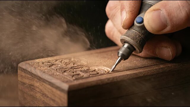 Carpenter using a rotary tool to engrave the decorative pattern onto a wooden box surface. Woodworking craft and intricate detail process.