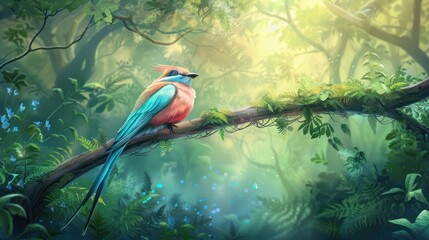 Colorful Exotic Bird Sitting on Mossy Tree Branch in Vibrant Forest Scene