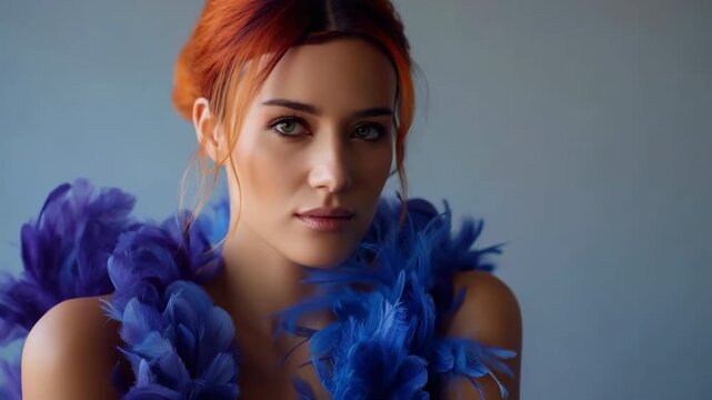 Young caucasian female with red hair and purple feather boa