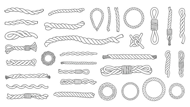 Large collection of hand drawn sketches of different rope knots loops and straight pieces in black and white for nautical and craft themes.