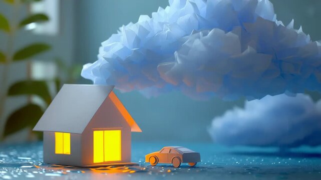 Miniature house and car under geometric cloud in indoor storm scene