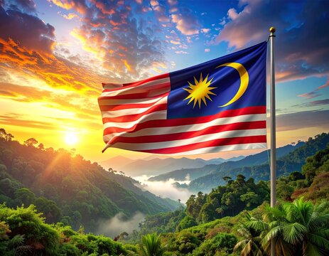 Malaysia national flag Jalur Gemilang at sunset