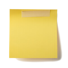 Bright yellow sticky note with blank paper, a classic post-it note held by adhesive tape on a clean white background, perfect for reminders and messages.