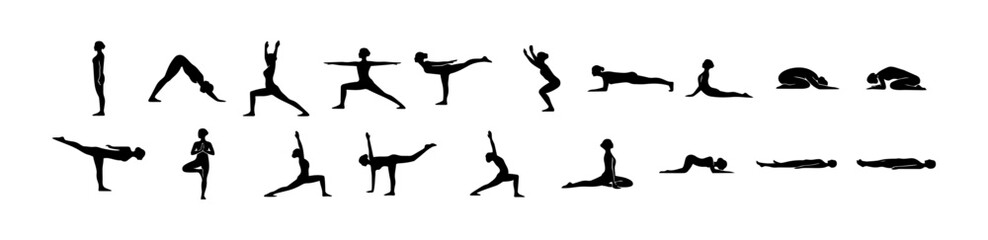 Female Yoga Pose Silhouettes &ndash; Black and White Minimalist Asana Icons Set