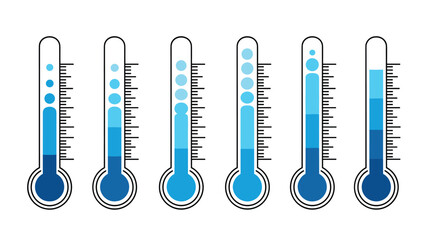 Set of six blue thermometers showing various levels of temperature from low to high for weather forecast, climate change, or health monitoring.