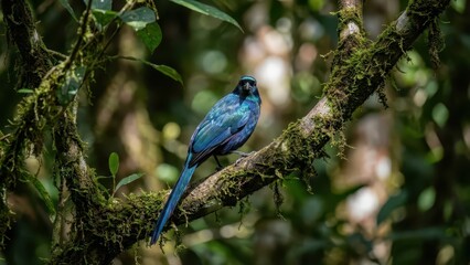 Obraz premium Vibrant iridescent blue magpie perched on a mossy branch in a lush forest setting