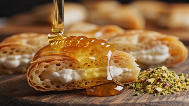 Slow motion close-up shot of golden honey pouring over traditional Middle Eastern Qatayef dessert filled with cream cheese and garnished with pistachios.