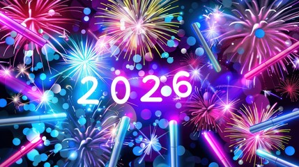 Colorful Fireworks Celebration with New Year 2026 Digital Countdown
